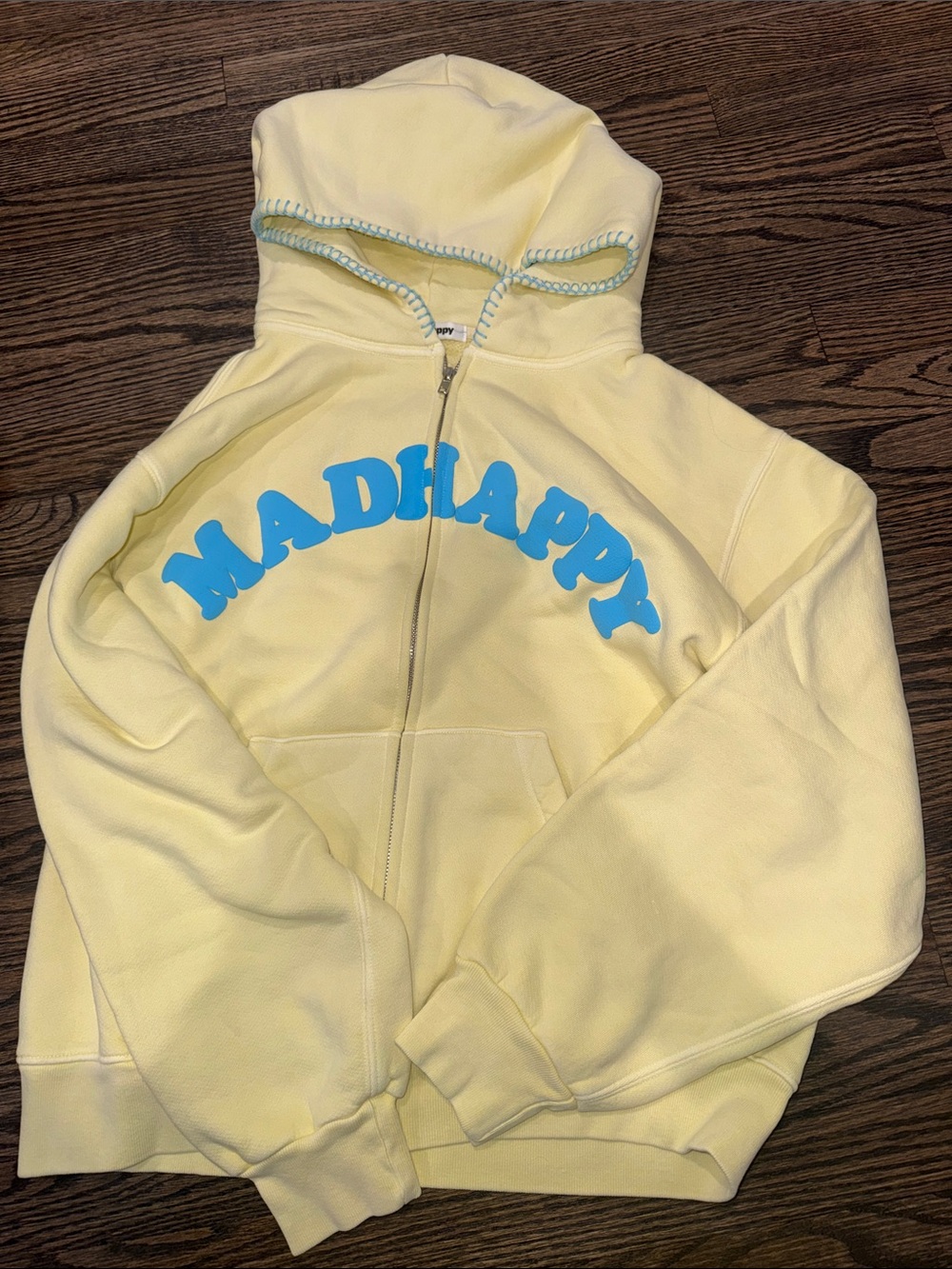 Madhappy Pale Yellow Zip Hoodie with Sky Blue Logo